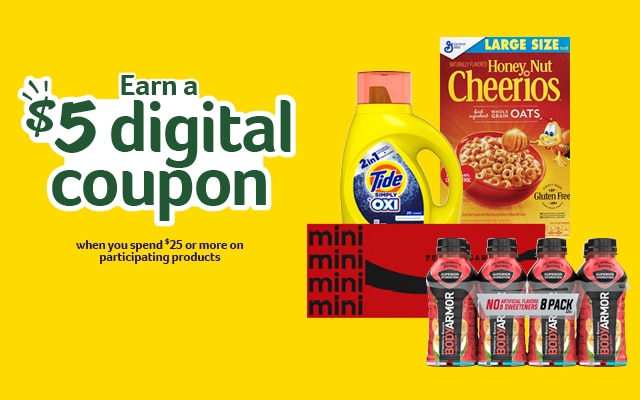 Earn a $5 digital coupon by spending $25 or more on participating products, displayed against a vibrant yellow background and featuring products like Honey Nut Cheerios, Tide laundry detergent, and Bodyarmor sports drinks..