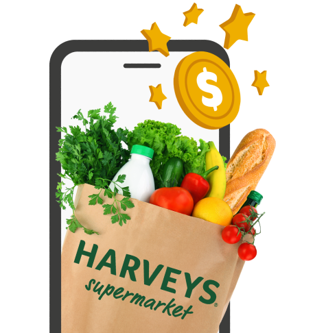 image of cell phone with Harveys Supermarket grocery bag