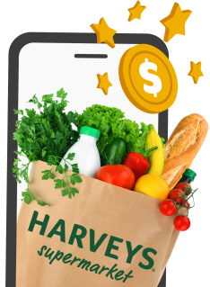 image of cell phone with Harveys Supermarket grocery bag